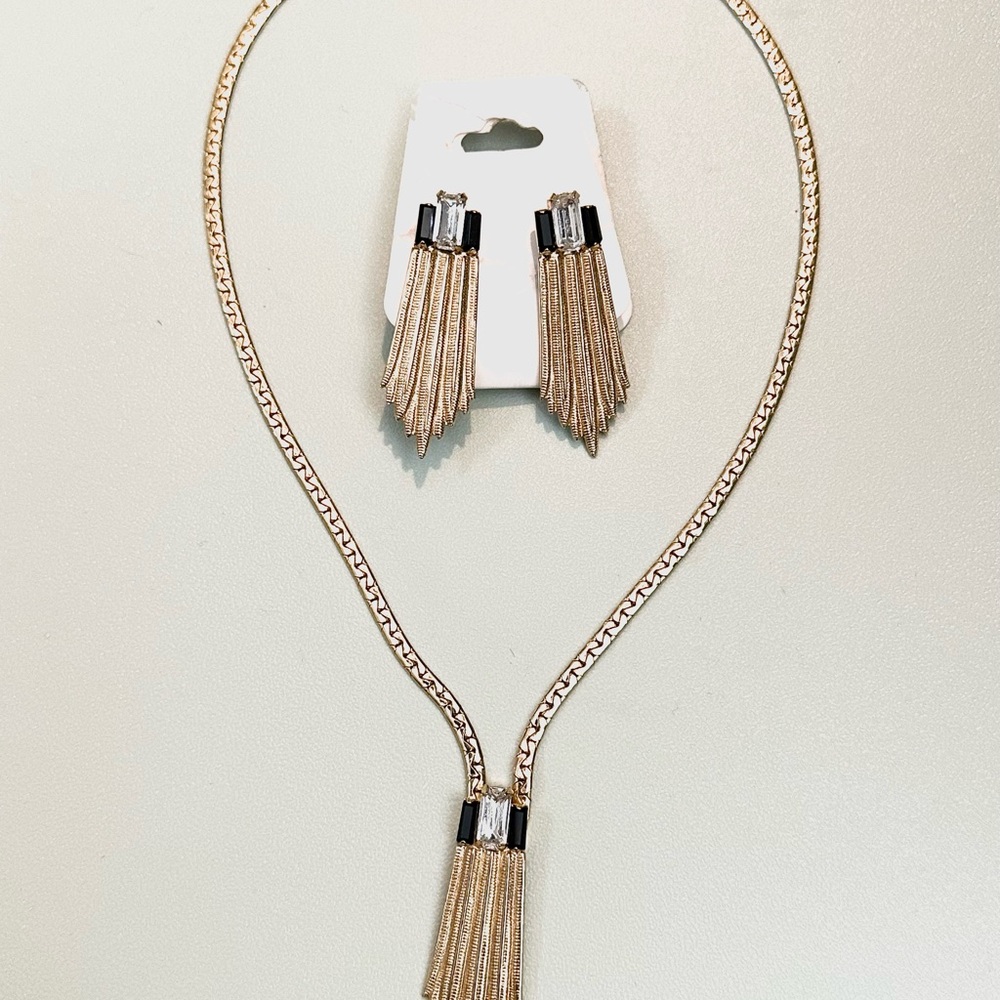 Vintage Gold and Black Rhinestone Tassel Necklace and Earrings Set